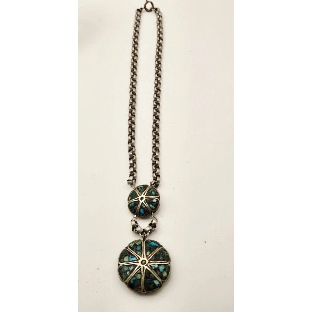 Tibetan Turquoise Chip  Mosaic Inlay Necklace W/Flower Design 14”